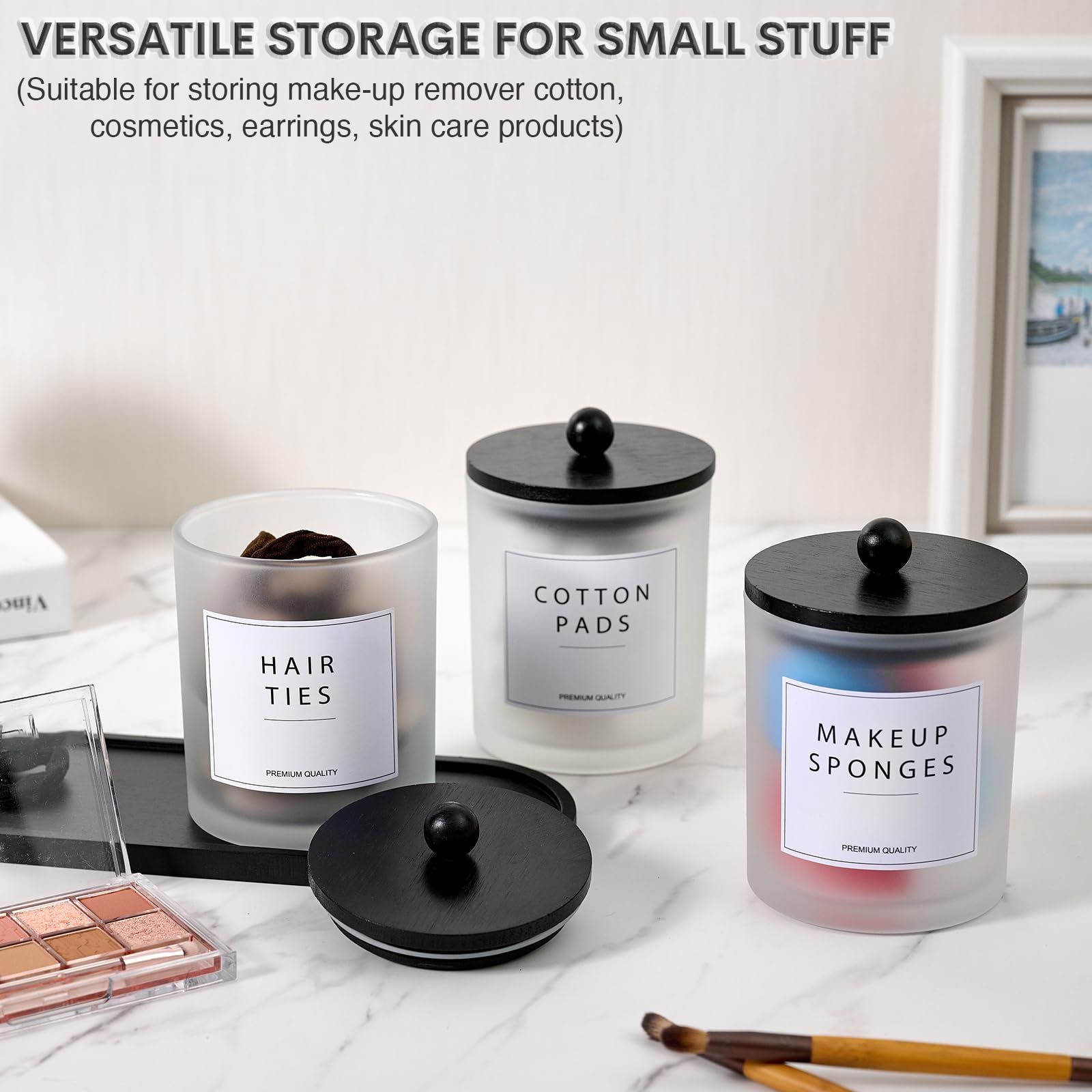 Glass Qtip Holder for Bathroom, Cotton Round Holder Swab Pad Dispenser with Lids, Floss Pick Holder with Bamboo Tray, Apothecary Jars with Scoop, Set of 3