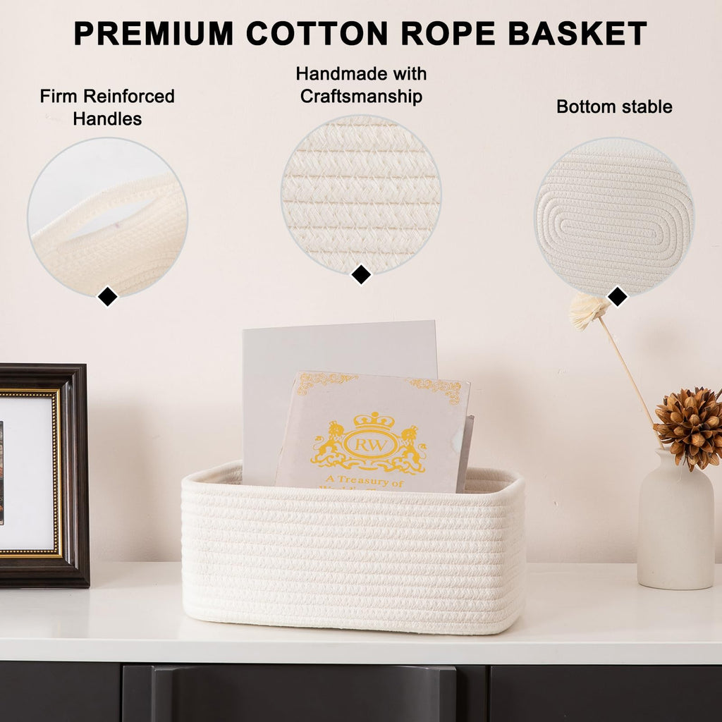 OIASKET 4 Pack Small Storage Shelf Baskets for Organizing, Mini Woven Rope Storage Bins for Towels, Cute Decorative Closet Organizer，Baby Nursery, Gift Empty Baskets -11.81''Lx7.87''Wx4.72''H-White