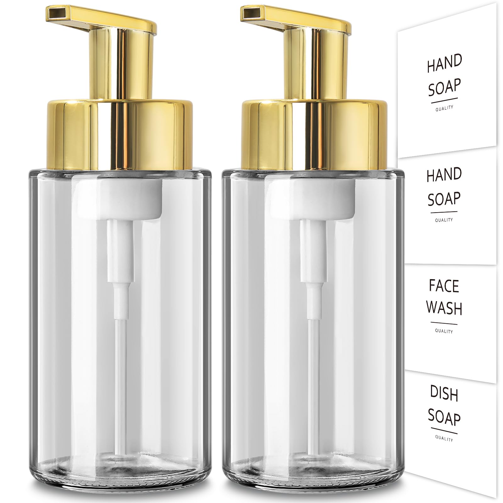 RYTOXILO Foaming Soap Dispenser, 10 oz/300ml Gold Soap Dispenser, 2 Pack Glass Foaming Hand Dispenser for Bathroom & Kitchen, Clear Refillable Foam Bottle with Waterproof Labels