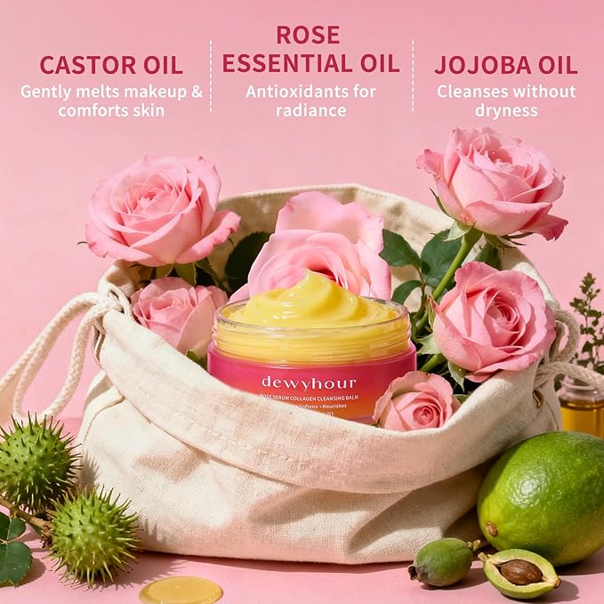dewyhour Rose Makeup Remover Cleansing Balm – Melts Stubborn Waterproof Makeup for Daily Evening & Post-Gym, Nourishes Sensitive Skin, Zero Residue, One-Step Vegan Korean skincare for Travel 2.46 oz