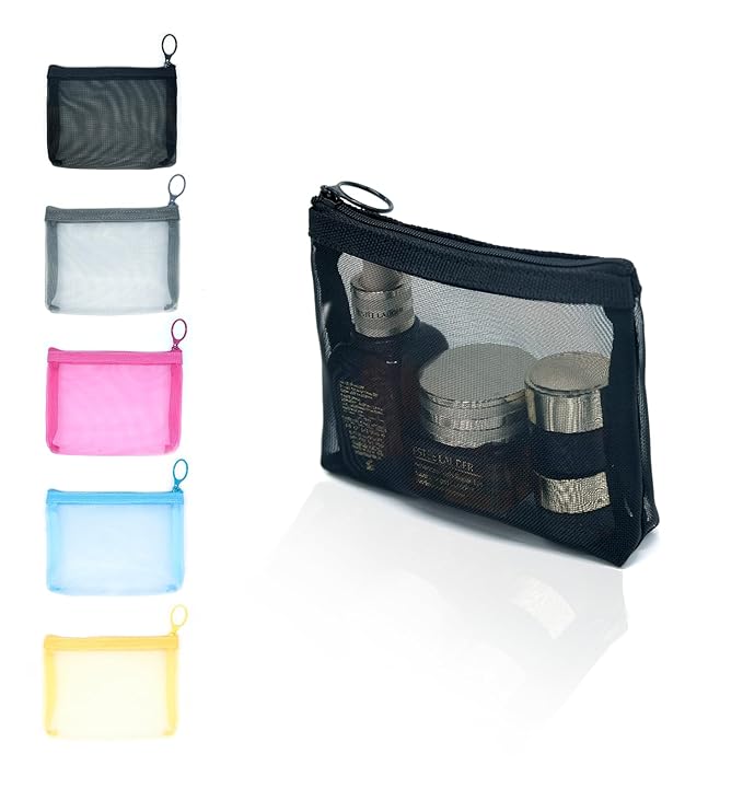 patu Widened Mini Zipper Mesh Bags, Size S, 5" x 4" x 2", 5 Pieces, Beauty Makeup Lipstick Cosmetic Accessories Organizer Case, Small Travel Kit Storage Pouch, Assorted Colors