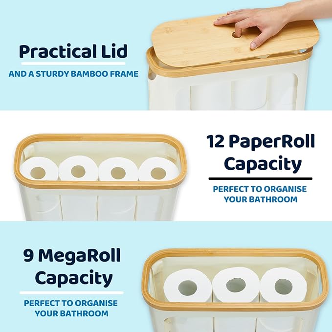 ROSOS Toilet Paper Storage with Lid, Large Toilet Paper Holder for up to 12 Rolls, Free Standing Bathroom Storage Organizer with Lid, Beige