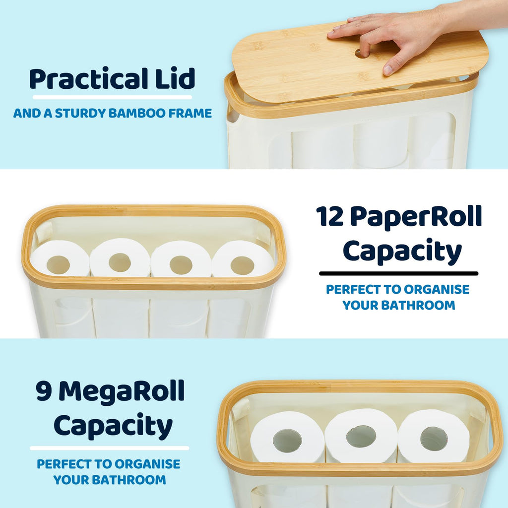 ROSOS Toilet Paper Storage with Lid, Large Toilet Paper Holder for up to 12 Rolls, Free Standing Bathroom Storage Organizer with Lid, Beige
