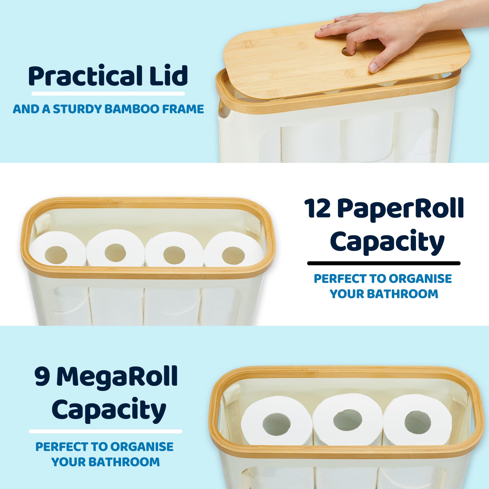 ROSOS Toilet Paper Storage with Lid, Large Toilet Paper Holder for up to 12 Rolls, Free Standing Bathroom Storage Organizer with Lid, Beige
