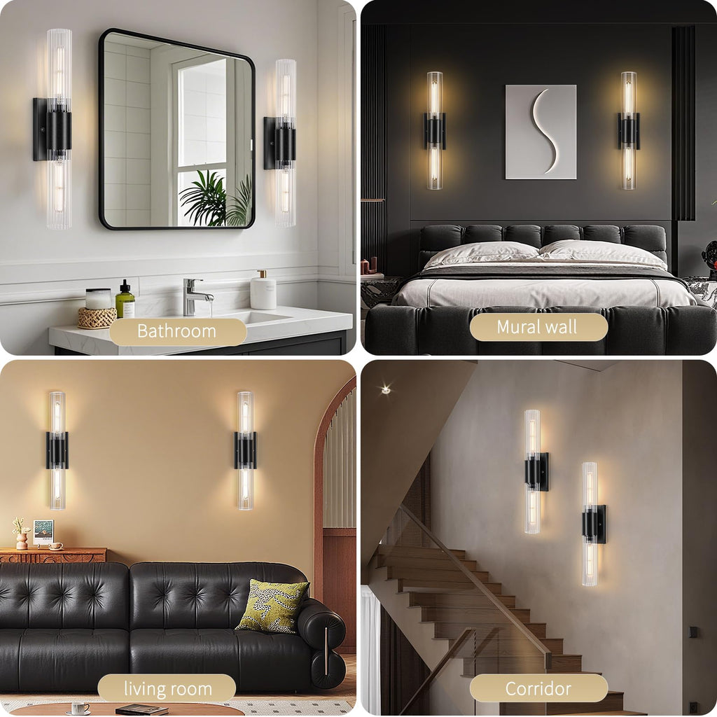 21" Bathroom Vanity Sconces Set of 2, Black Hardwired Wall Sconces Set of Two with Threaded Glass Shade, Modern Up Down Wall Decor Set of 2 for Bathroom Living Room Bedroom Hallway-Bulb Not Included