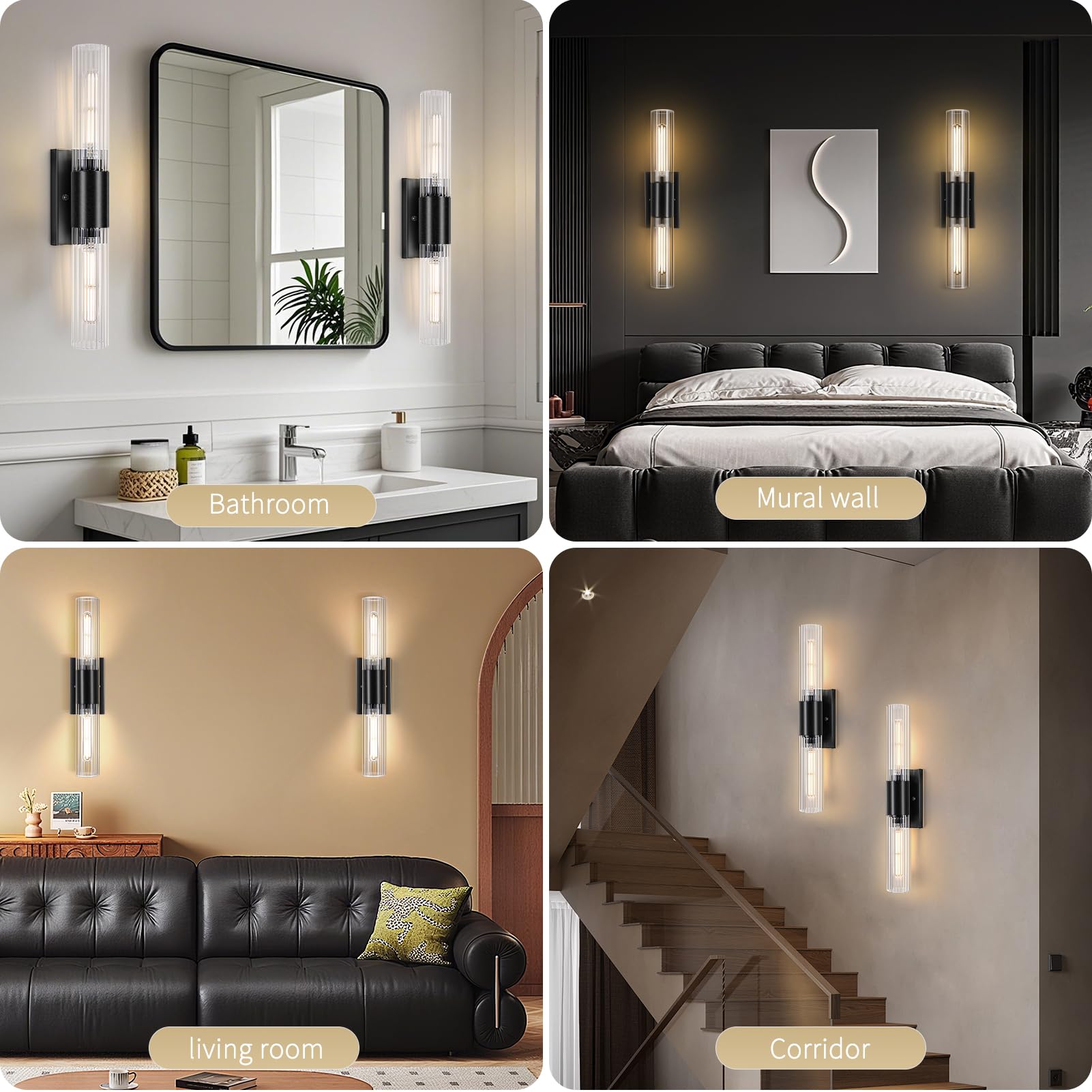 21" Bathroom Vanity Sconces Set of 2, Black Hardwired Wall Sconces Set of Two with Threaded Glass Shade, Modern Up Down Wall Decor Set of 2 for Bathroom Living Room Bedroom Hallway-Bulb Not Included