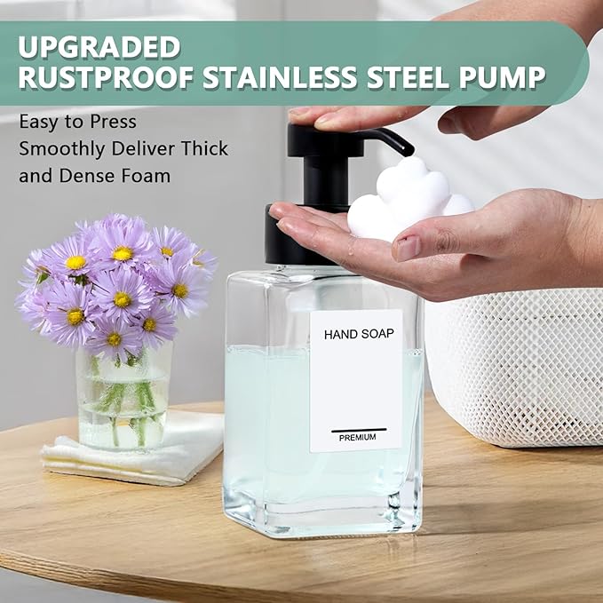 PLOUTA HOME Foaming Soap Dispenser 2 Pack, 12oz/350ml Glass Foaming Hand Soap Dispenser Set with Stainless Steel Pump, Square Refillable Foam Pump Bottles for Bathroom&Kitchen,Includes 6 Labels