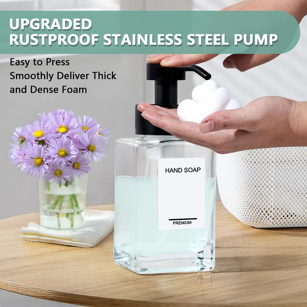 PLOUTA HOME Foaming Soap Dispenser 2 Pack, 12oz/350ml Glass Foaming Hand Soap Dispenser Set with Stainless Steel Pump, Square Refillable Foam Pump Bottles for Bathroom&Kitchen,Includes 6 Labels
