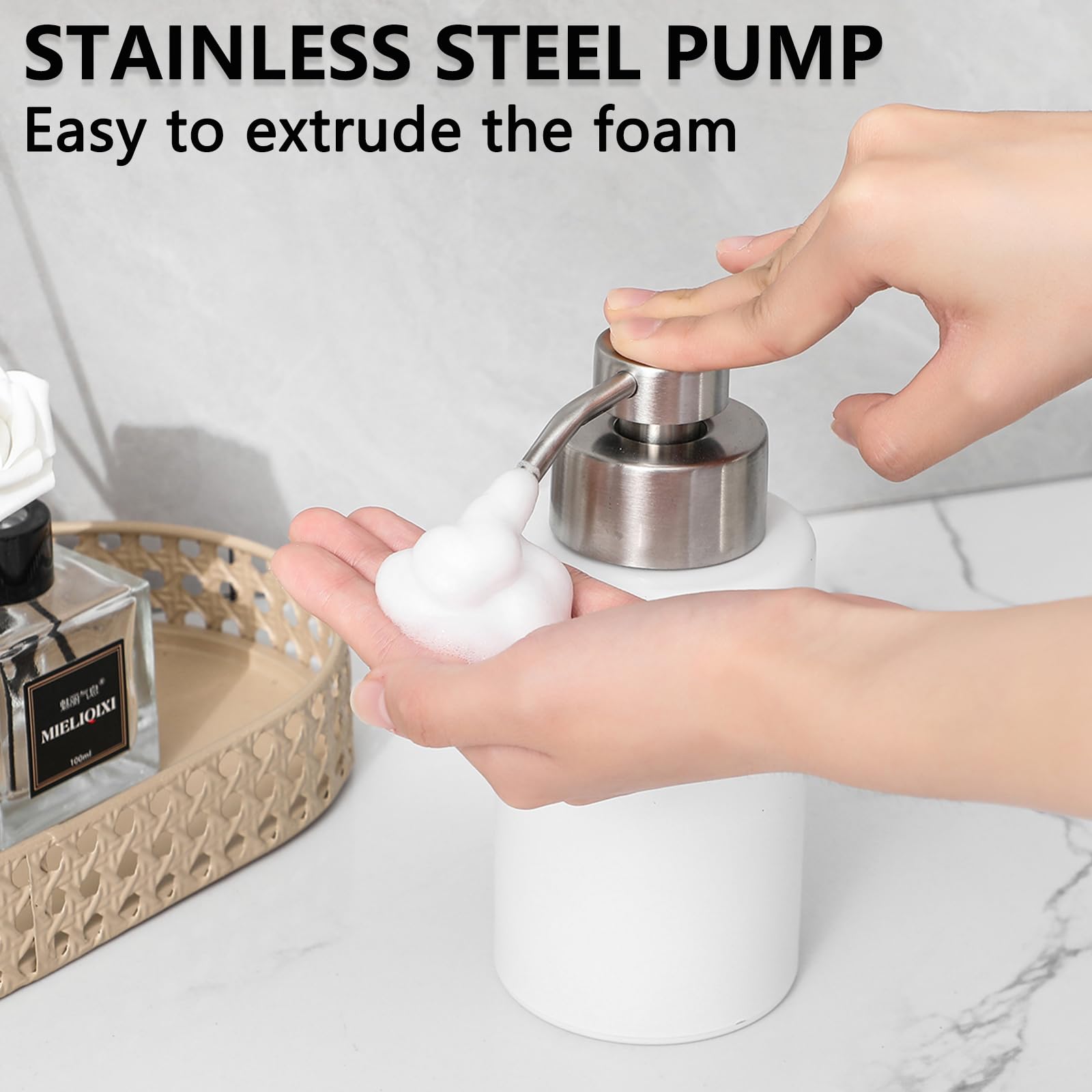 Foaming Soap Dispenser Set, 12 Oz Glass Hand Soap Dispenser with 304 Rust Proof Stainless Steel Pump, Waterproof Labels, for Bathroom Decor Kitchen College Dorm, White Silver Pump 2 Pack