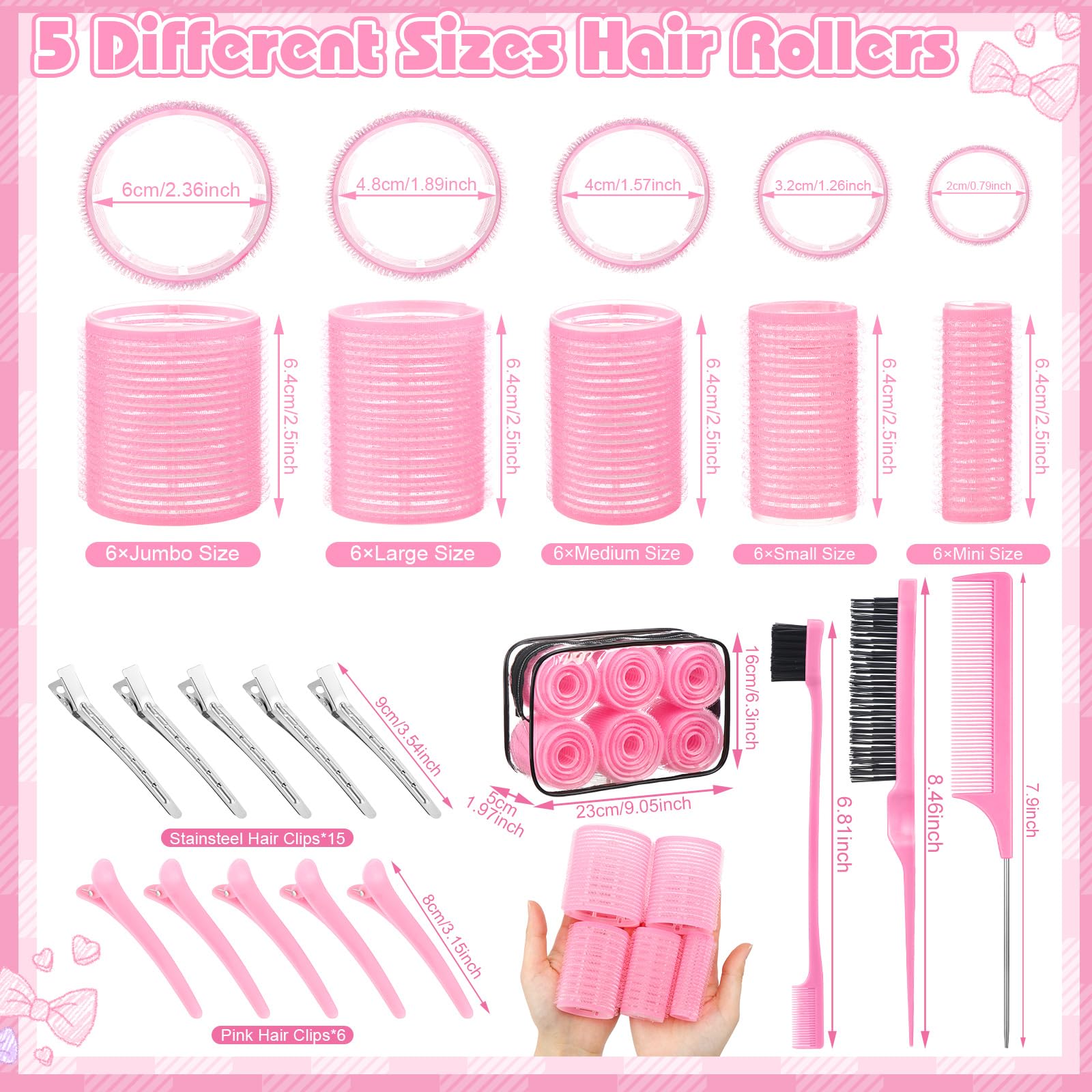 5 Sizes Self Grip Hair Rollers Set, 64 Pcs Rollers Hair Curlers with Clips Comb for Long Medium Short Hair (60 48 40 32 20mm), Pink
