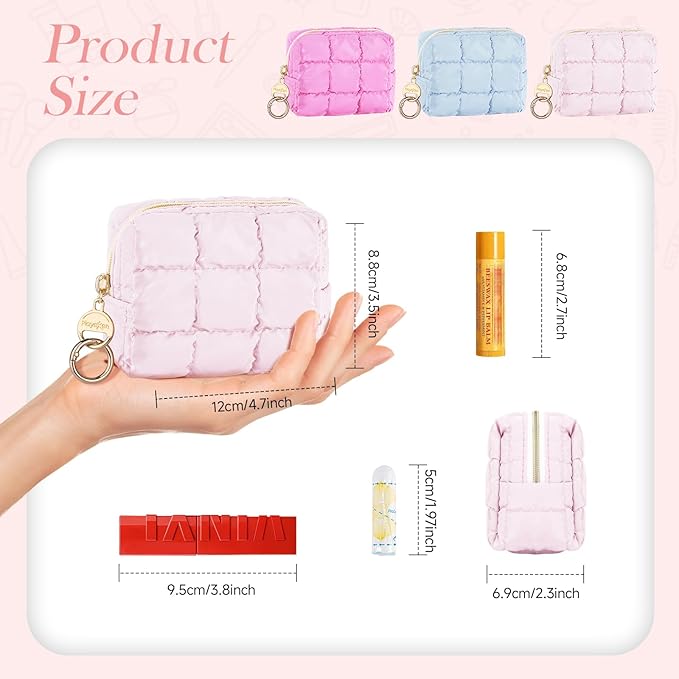 Playexen Puffy Mini Makeup Bag, Cute Quilted Small Cosmetic Bag for Purse, Portable Travel Makeup Pouch for Lipsticks, Chapsticks, Earphone, Credit Card, Birthday/Wedding/Christmas Gifts (Blue)