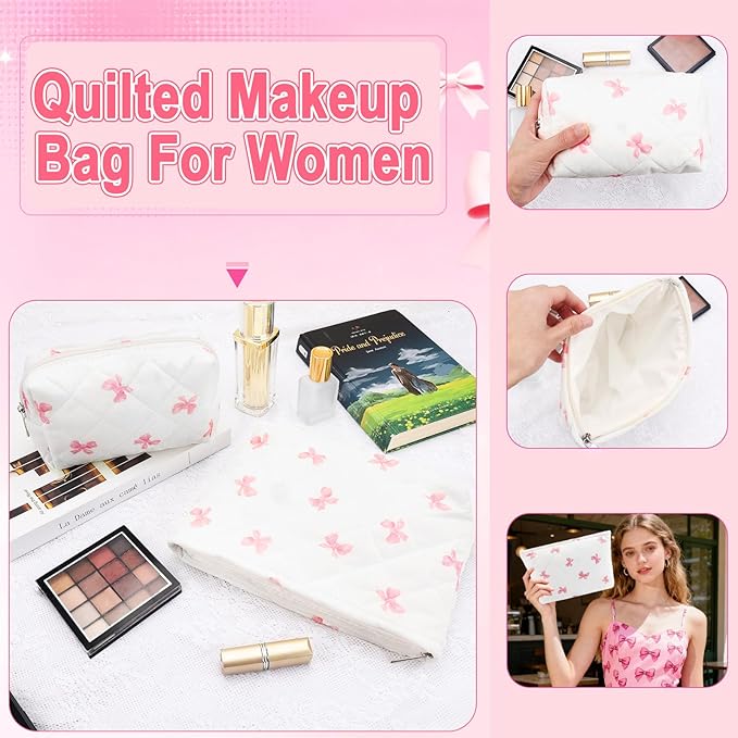 Lestp 2Pcs Small Makeup Bag Quilted Cosmetic Bag Flower Pencil Case Travel Makeup Bag Set for Women Cute Cosmetic Pouch Aesthetic Cotton Toiletry Organizer Storage Bags Puffy Zipper Pouch D