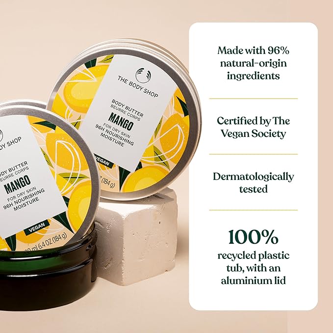 The Body Shop Body Butter | 96hr Nourishing Moisture for Dry Skin | Non-Greasy with Shea Butter for Smoother Softer Skin, Vegan, 200 ml / 6.4 oz (Mango)