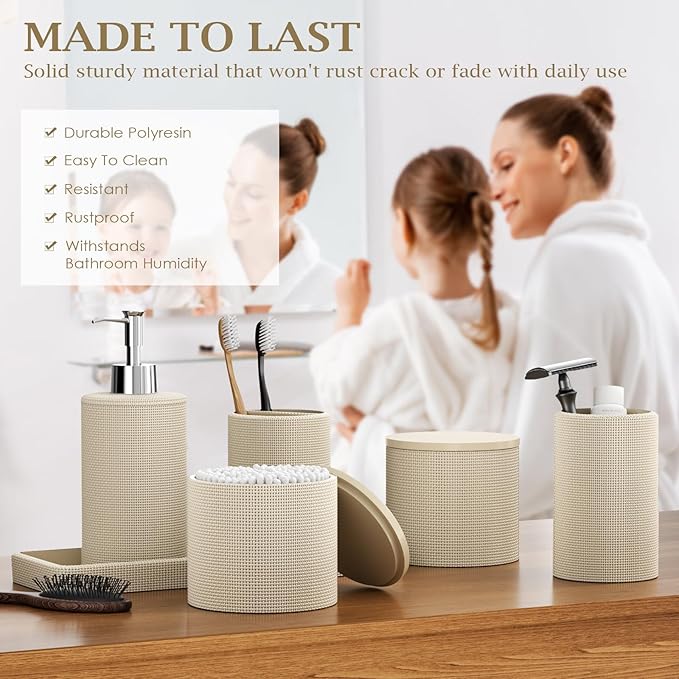 InnJoey 6-Piece Beige Bathroom Set - Mesh Textured Resin Bathroom Accessories Set with Soap Dispenser, Toothbrush Holder, Cup, Vanity Tray & Apothecary Jars for Small Spaces