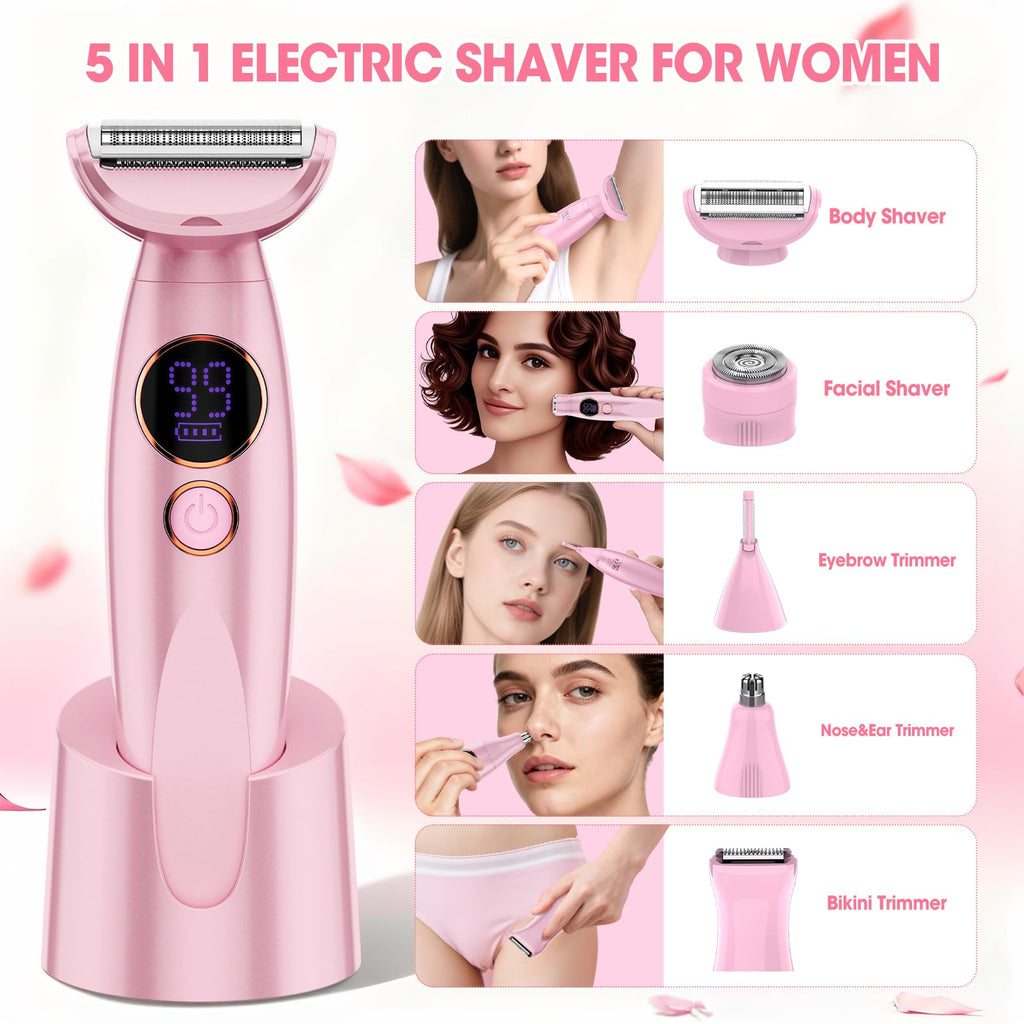 5 in 1 Bikini Trimmer for Women,IPX7 Waterproof Cordless Replaceable Pubic,Eyebrow,Facial Electric Razors&Nose Hair Trimmer&Painless Body Shaver for Arms Legs Underarms,USB Charge,LED Display,Wet&Dry