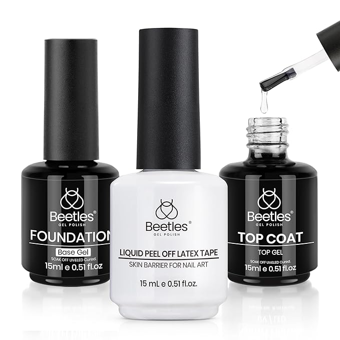 beetles Gel Polish 3 Pcs 15ml No Wipe Gel Top Coat & Base Coat Liquid Latex Set Soak Off LED Nail Lamp Gel Base Top Coat Finish Nails Cuticle Guard Nail Art Design Manicure Kit