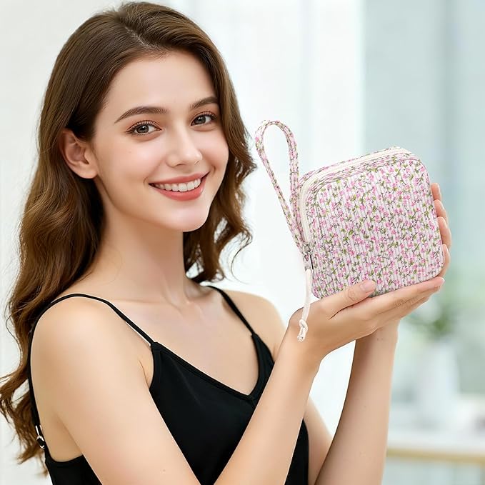 Chicarries Small Makeup Bag | Discreet Period Bag Pad Pouch for Purse | Sanitary Napkin Storage & Tampon Holder for Travel (Flower Pink)