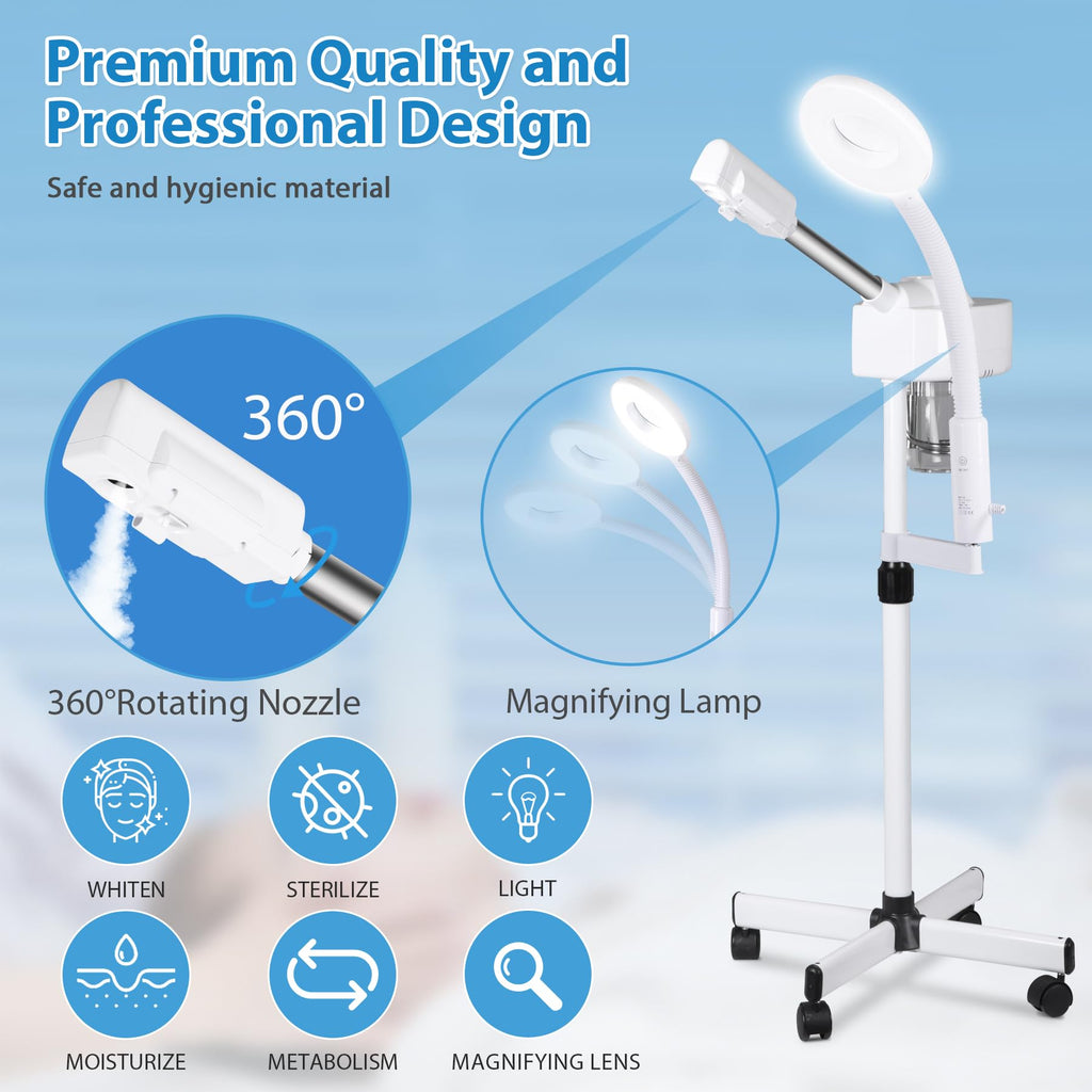 Saicool 2 in 1 Facial Steamer 5X Magnifying Lamp - Hot Ozone Spa Machine, Mist Face Salon Beauty Skin Care Equipment