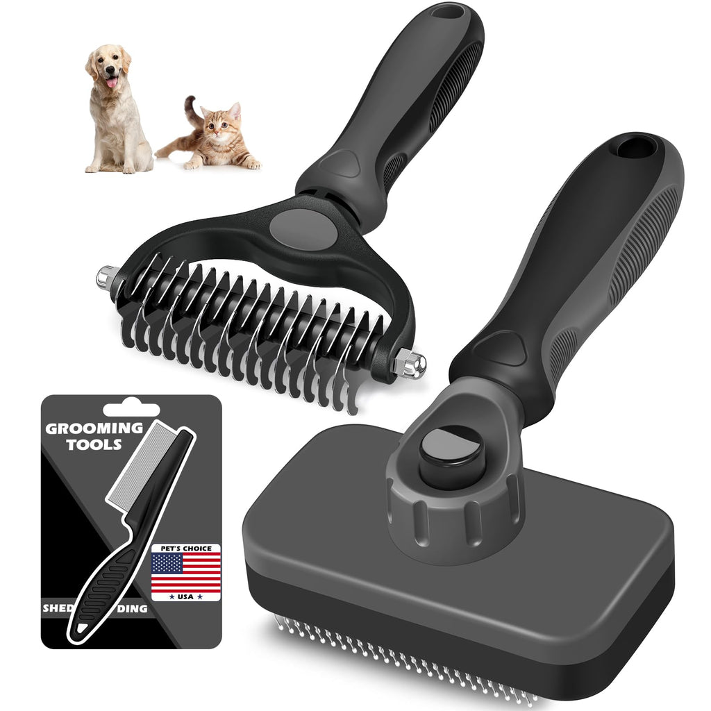 Professional 3PCS Self Cleaning Slicker Brush & Pet Grooming Rake & Flea Comb for Dogs,Cats and Horses | Double-Sided Dematting Comb & Skin Friendly Deshedding Grooming Tool | Pet Supplies (Grey)