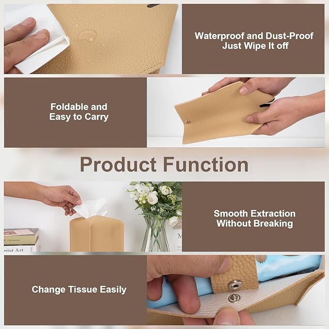 Aisoso 2 Pcs Square Cream Tissue Box Cover PU Leather Decorative Tissue Organizer Dispenser Holder for Bathroom, Desk, Home, Car, Office, 5.12" X 5.12" X 5.12"