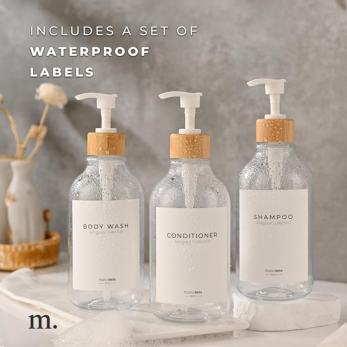 Shampoo and Conditioner Bottles Set of 3 Clear Bamboo – Shower Shampoo Dispenser – Hotel Style Bathroom Upgrade by MaisoNovo
