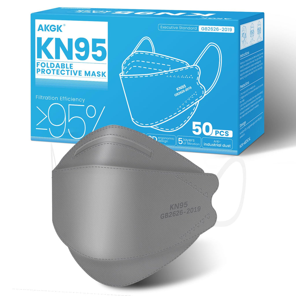 akgk KN95 Face Masks 50 Pack, 5-Ply Disposable Grey Face Mask Against PM 2.5 Smoke and Dust