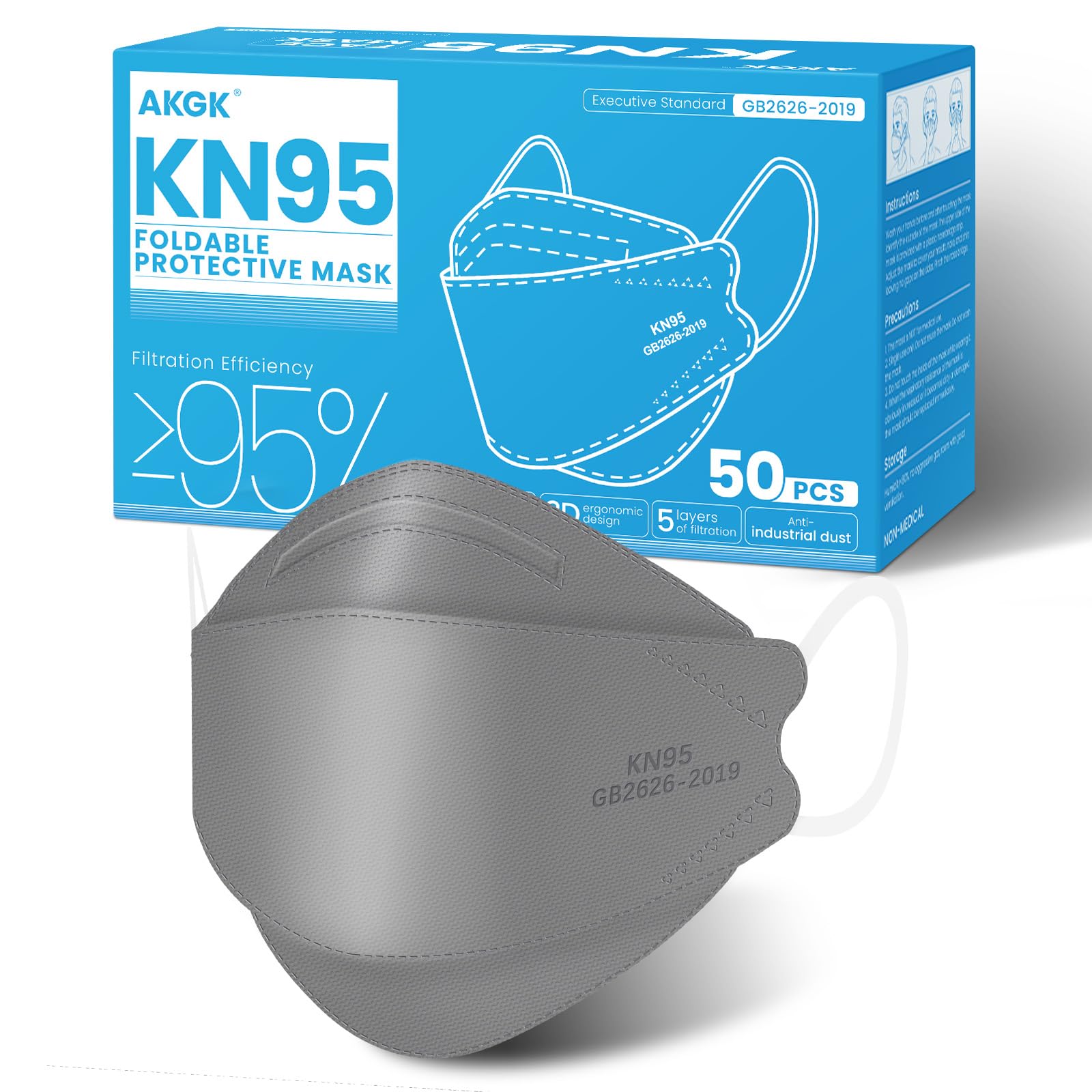 akgk KN95 Face Masks 50 Pack, 5-Ply Disposable Grey Face Mask Against PM 2.5 Smoke and Dust
