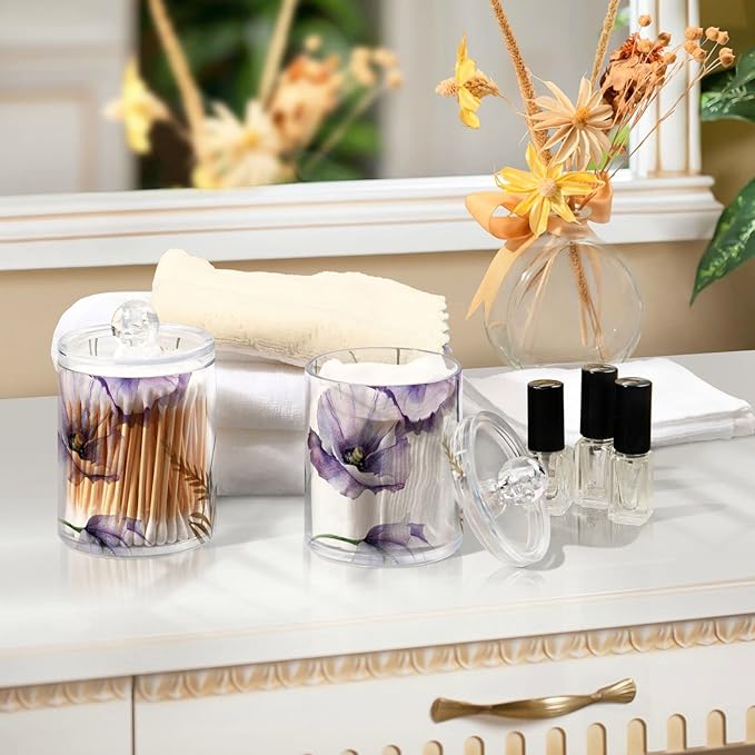 2 Pack Qtip Holder Dispenser for Cotton Ball Watercolor Flowers Purple Poppies Cotton Swab Round Pads Clear Plastic Acrylic Jar Set Bathroom Canister