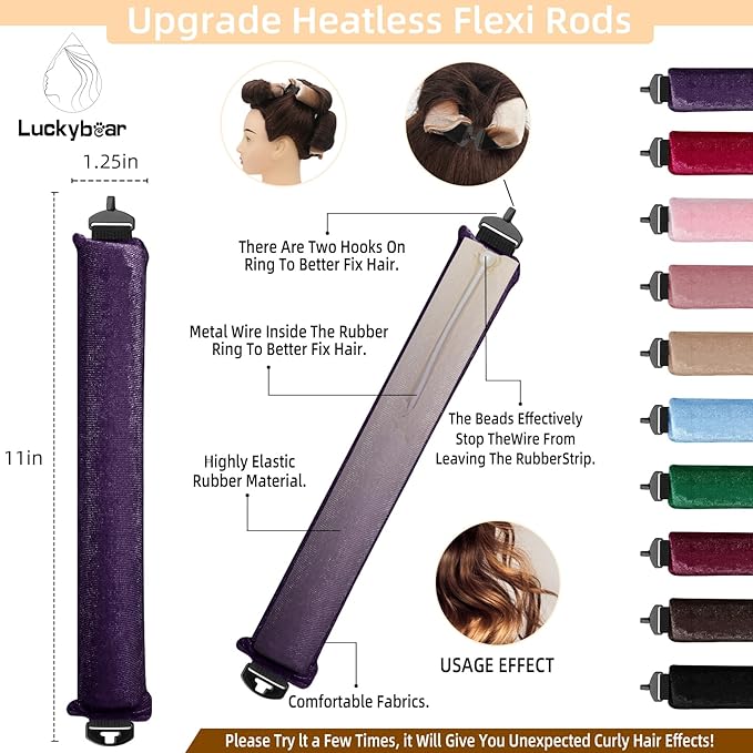Overnight Heatless Hair Curler Satin Flexi Rods for Heatless Overnight Jumbo Curls, No-Heat Styling Tools for All Hair Types, 3pcs Purple