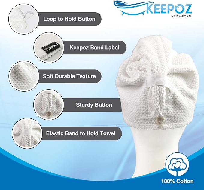 KEEPOZ Hair Towel Wrap Quick Dry 100% Cotton Super Absorbent Turban Head Wrap for Women with Button, Non Microfiber Anti Frizz Hair Cap for Curly, Long & Thick Hair (White Check, 2 Pcs)