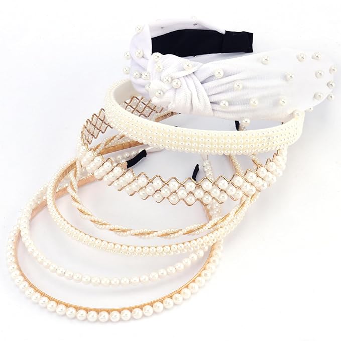 VELSCRUN Headbands for Women 7 Pcs Different Pearl Fashion Knotted Solid Head Bands Pearl Headband Non Slip Thin Hair Band for Womens Gilrs Thick Short Hair Face Wash Hair Accessories