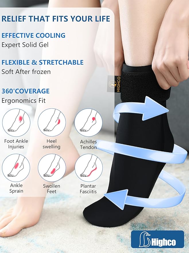 highco Ankle Ice Pack Wrap for Swelling and Injuries Recovery,Reusable Gel Ice Pack for Foot and Ankle,Ice Cold Compression Sock for Foot Heel Wrap,Tendonitis,Plantar Fasciitis,Swelling,Sprained,Black
