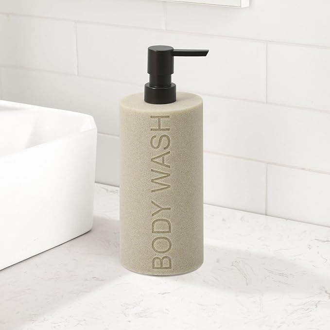 Indecor Home Resin Tan Sandstone Body Wash Engraved Bottle Refillable Pump Dispenser, Durable Waterproof Resin Construction for Bath, Shower - Tan Sandstone, ORB Pump