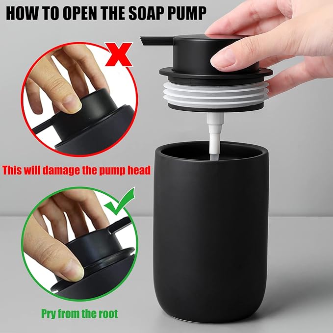 Hand Soap Dispenser for Bathroom Decro, Ceramic Liquid Pump Bottles Refillable Dish Dispenser for Kitchen Farmhouse Colleage Dorm, Matte Black