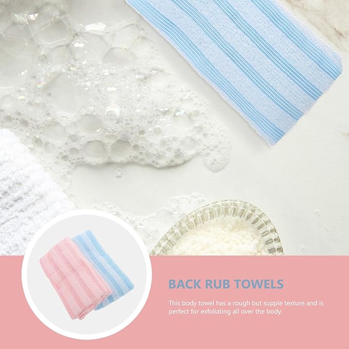 HEALLILY 2pcs Exfoliating Back Scrubber Straps Double-Sided Bath Towels for Body Skin Cleansing and Dead Skin Removal, Long Handle Shower Towels for Household Bath Use, Blue and Pink
