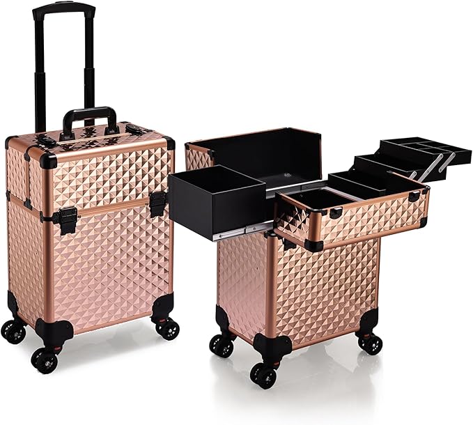 Stagiant Rolling Makeup Train Case Cosmetology Case on Wheels Travel Cosmetic Suitcase Trolley Makeup Luggage Storage Box 4 Tray with Lock Middle Layer Salon Nail Tech Cart Traveling Tattoo Case