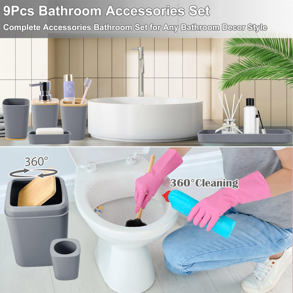 Grey Bathroom Accessories Set with Trash Can 9 Piece Grey Bathroom Decor Toothbrush Holder,Toothbrush Cup,Lotion Soap Dispenser,Vanity Tray,Soap Dish,Toilet Brush,Qtip Holder