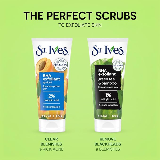 St. Ives Facial Scrub Variety 2-Pack – Fresh Skin Apricot + Blackhead Clearing Green Tea, Exfoliating Face Scrubs, 6 Oz Ea