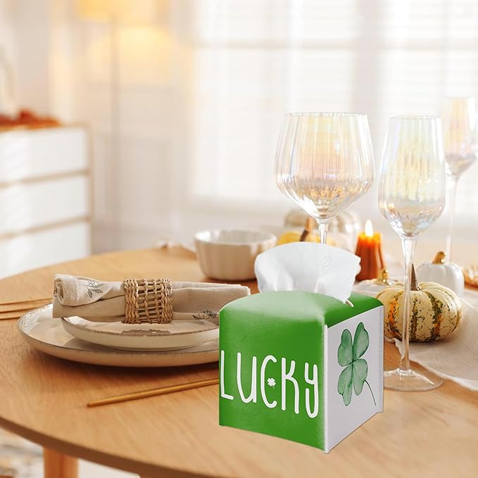 St. Patrick's Day Lucky Clover Design Tissue Box Cover - Green PU Leather Waterproof Tissue Holder - Facial Paper Organizer for Home Bathroom Office -Desk Holiday Decorative Dispenser Box-B07