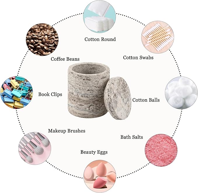 N NANSHOP Natural Marble Canister, Cotton Swab Holder with Lid, High Capacity Bathroom Qtip Holder Storage for Cotton Swab, Floss Picks, Makeup Pad, Bath Salt, Gray Travertine(NS017)