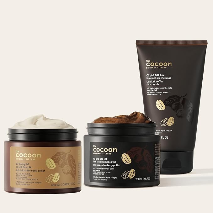 Cocoon Dak Lak Coffee Body & Face Care Set, Vegan Coffee Exfoliating Scrub and Body Butter Bundle for Smoother, Softer Skin, Hydrating Skincare Gift Set, 6.76 fl oz Each