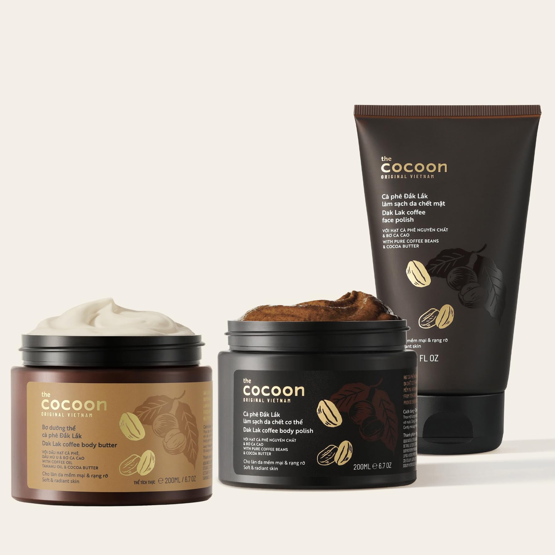 Cocoon Dak Lak Coffee Body & Face Care Set, Vegan Coffee Exfoliating Scrub and Body Butter Bundle for Smoother, Softer Skin, Hydrating Skincare Gift Set, 6.76 fl oz Each