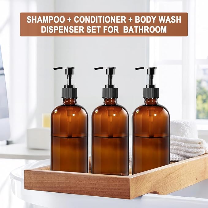 BPFY 4 Pack 8 oz Amber Glass Pump Bottles, Boston Round Bottles with Pumps for Lotion, Soap, Massage Oils, Refillable Containers with Caps