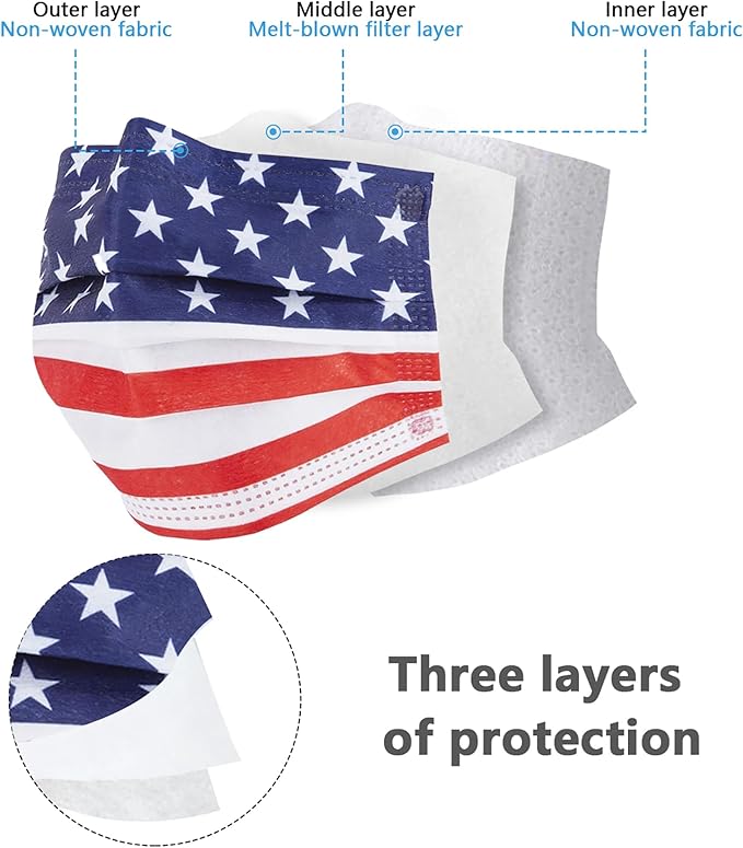akgk 100PCS Disposable Face Masks with USA Flag Print, 3-Ply Breathable Face Mask For Adults