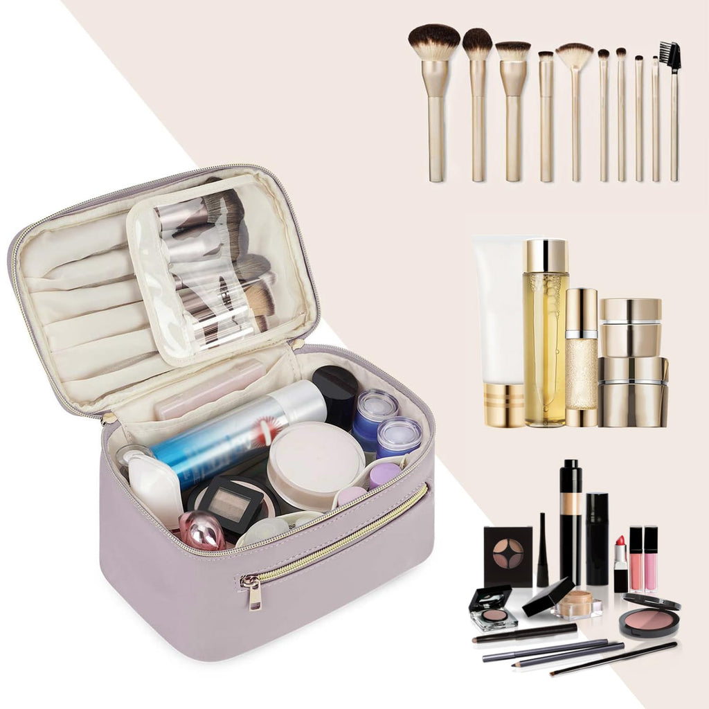 Wandering Nature Makeup Bag, Travel Make Up Organizer Cosmetic Brush Bags Case for Women in Vegan Leather, Purple, Patent Pending