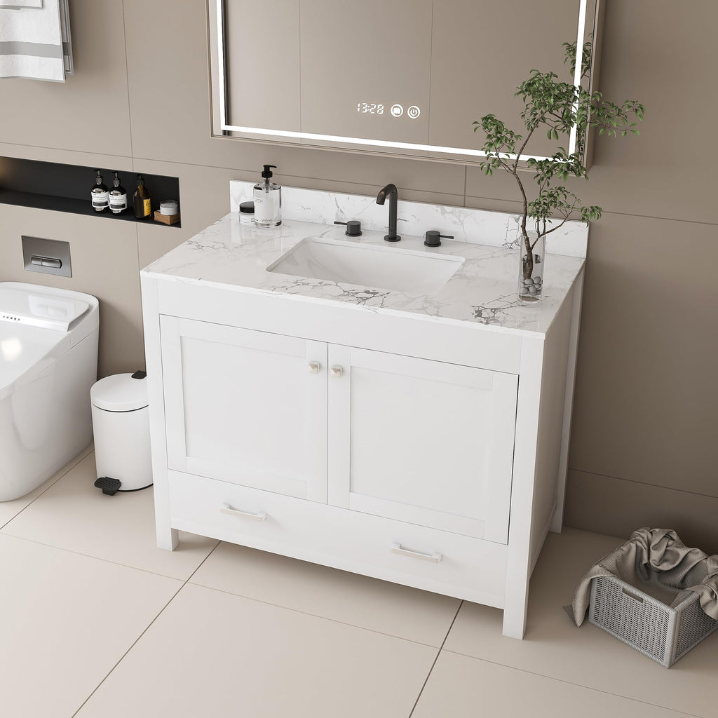 Montary 42" Bathroom Vanity with 43" Artificial Marble Carrara White Top, Modern Stylish MDF Bathroom Storage Cabinet, Vanity Set with 2 Doors and One Large Divided Drawer, White (Three Holes)