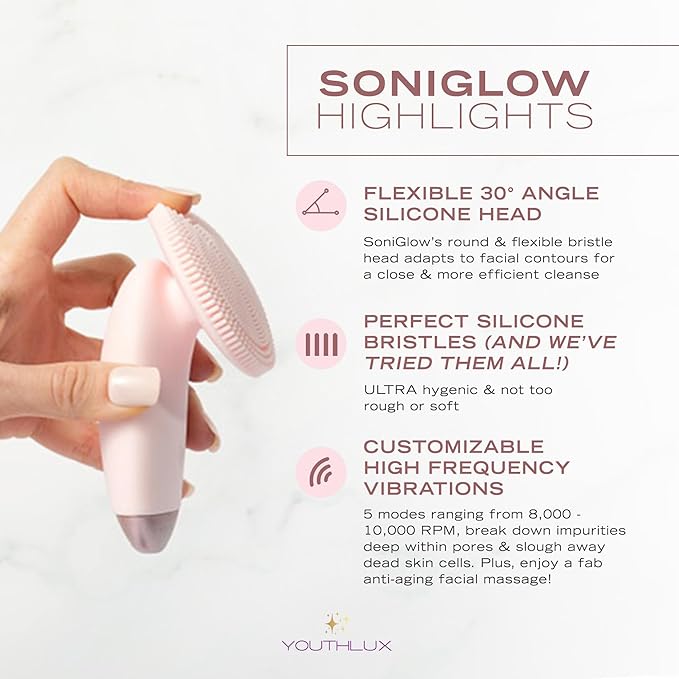 YOUTHLUX SoniGlow Silicone Face Scrubber/Facial Cleansing Brush – Electric Vibrating Skincare Scrubber Tool for Deep Pore Cleansing, Gentle Massage, Makeup Removal, Waterproof and Rechargeable (Pink)