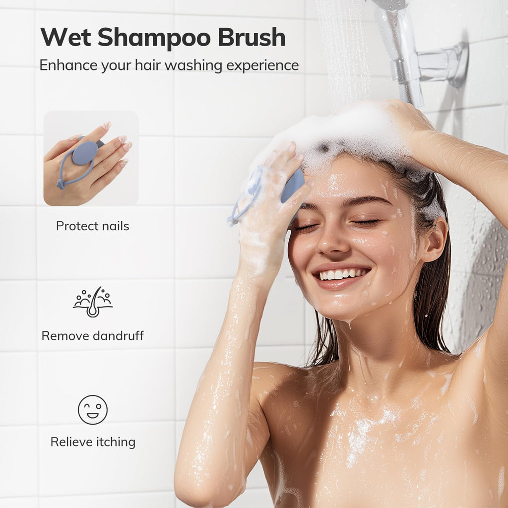 Sndyi Silicone Scalp Massager Shampoo Brush, Hair Scrubber with Soft Silicone Bristles, Scalp Scrubber/Exfoliator for Dandruff Removal, Wet Dry Scalp Brush for Hair Growth & Scalp Care, Gray Blue