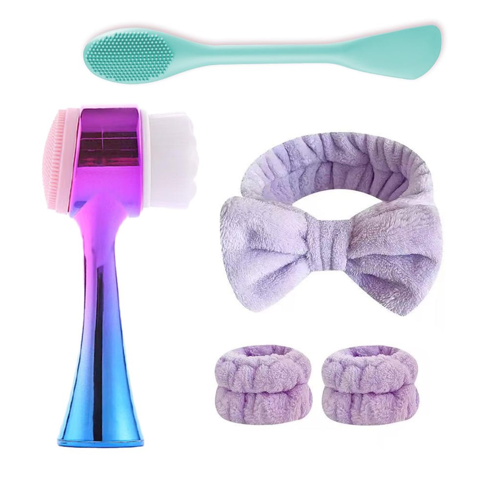 Facial Cleansing Brush 2 in 1Double-Sided Facial Cleaning Brush with Soft Bristles for Deep Pore Exfoliation, Wash Makeup, Massaging (Blue&Purple5PCS)