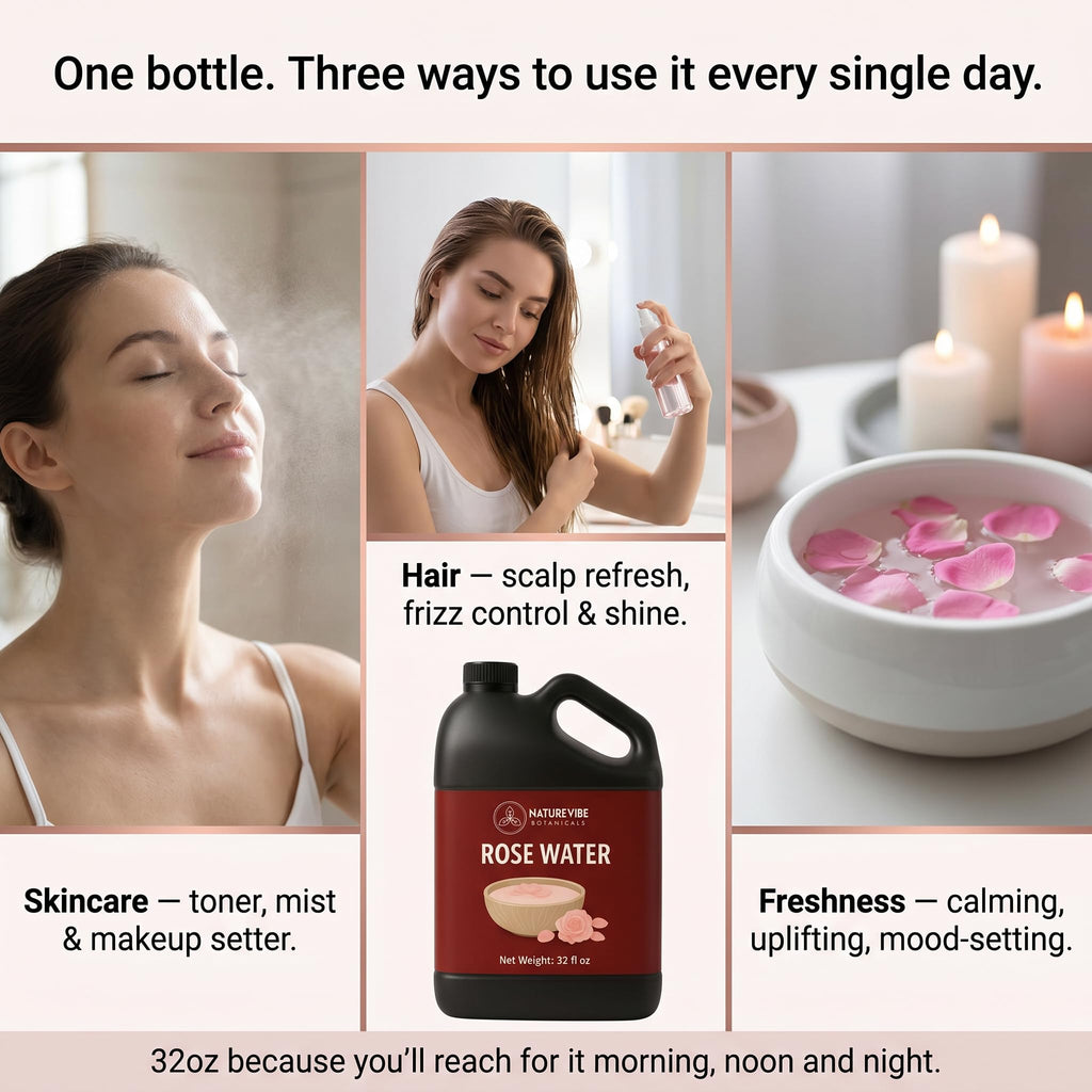 Naturevibe Botanicals Pure Rose Water Toner 32 oz Hydrating Facial Mist & Hair Spray | 100% Natural, Alcohol-Free Skin Care & Makeup Setting Spray